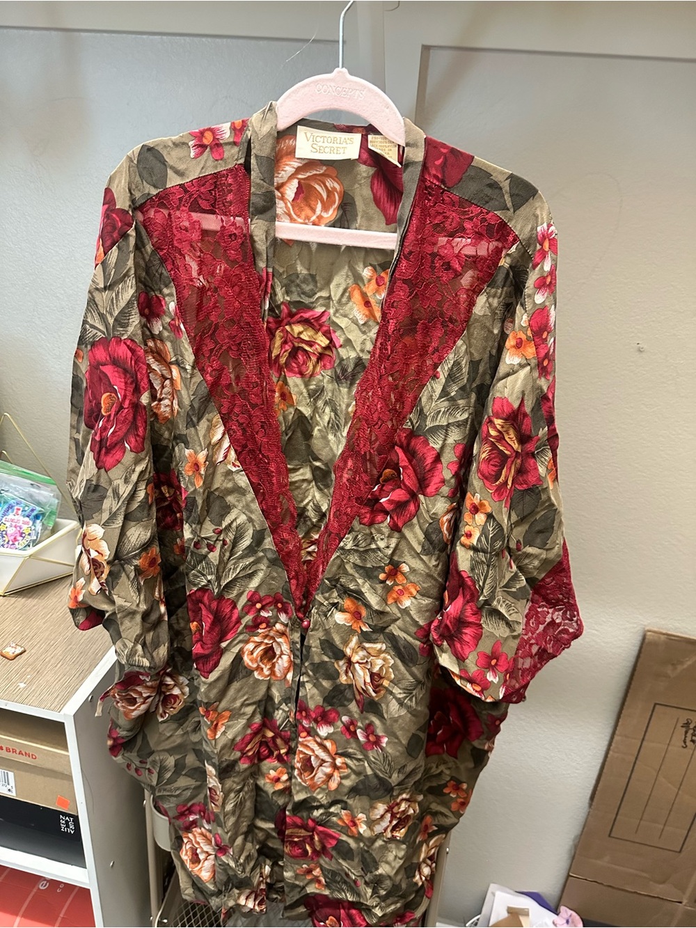 Gold Tag Victoria's Secret Floral Lace Kimono - Olive & Burgundy